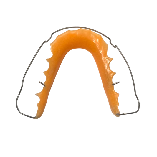 Orange mouthguard with metal frame on a white background